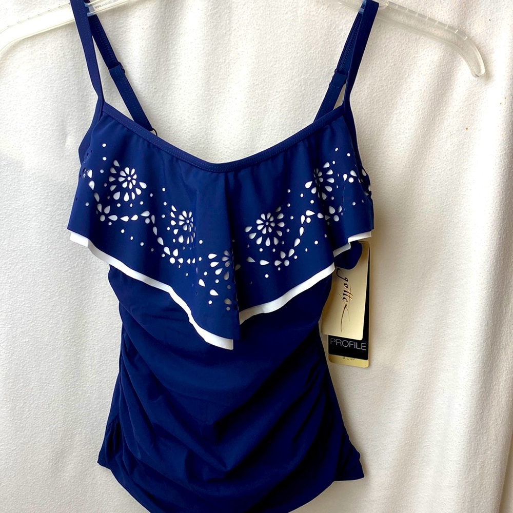 Profile by Gottex Tankini NWT! Size 32D navy blue and white
